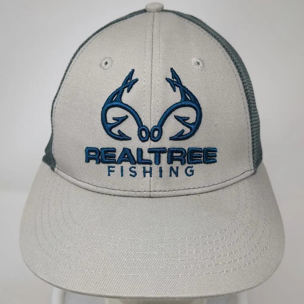 Realtree Baseball Cap Gray Blue M Fishing Hook Logo Mesh Back Stretch Fitted Hat
